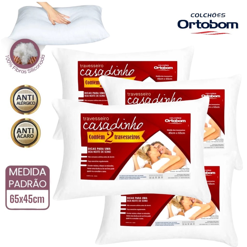 kit 4 travesseiros Ortobom Macio Fibra Siliconada anti acaro Casadinho 65x45cm