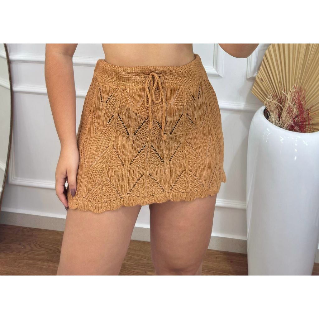 Saia Saída Praia Curta em Tricot Ponto Crochê com Cordão Ajustável Moda Verão Lançamento Tendência em Oferta na Shopee