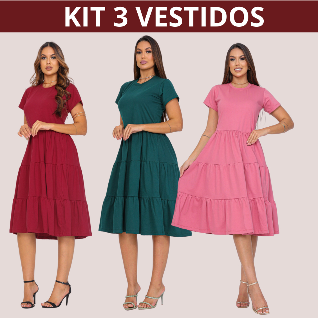 Kit 3 Vestido Três Marias Soltinho Elegante Moda Cristã Alta Qualidade