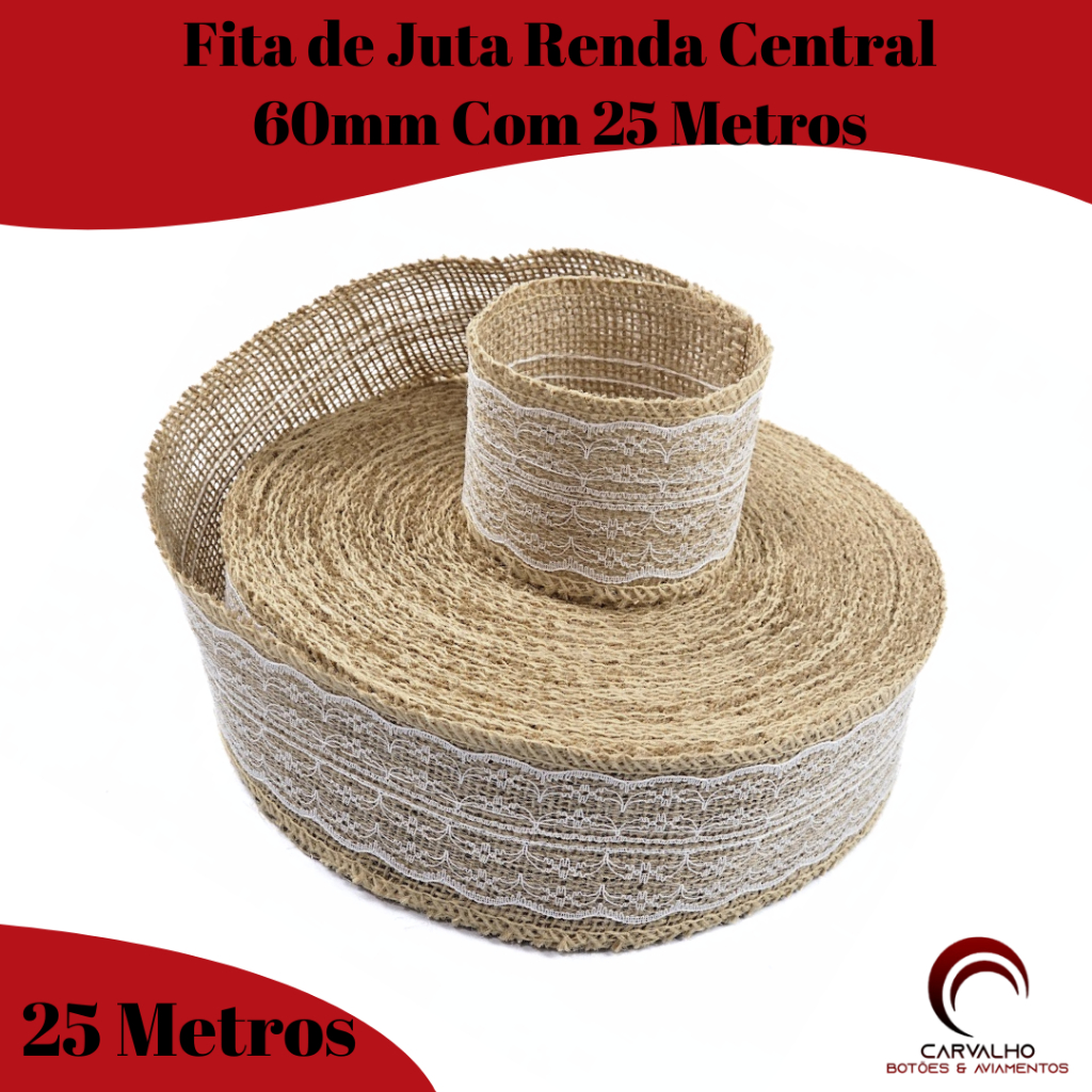 Fita De Juta Natural Com Renda Branca Central 60mm Com 5 | 10 | 15 | 25 Metros Fita Para Artesanato em Oferta na Shopee