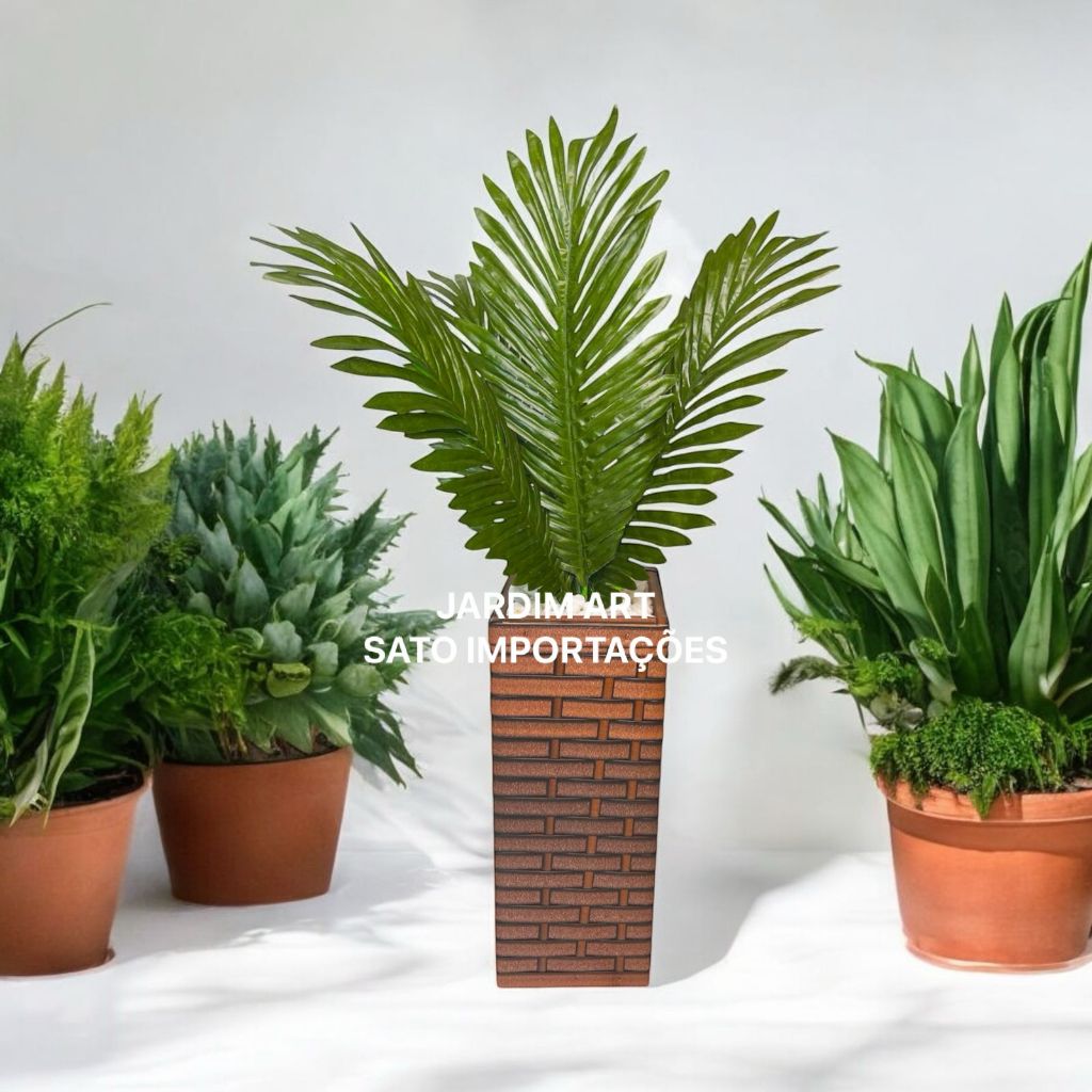 Arranjo Decorativo Coqueiro com 4 Folhas, Pedras Brancas e Vaso Estilo Coluna Trançada – Toque Natural