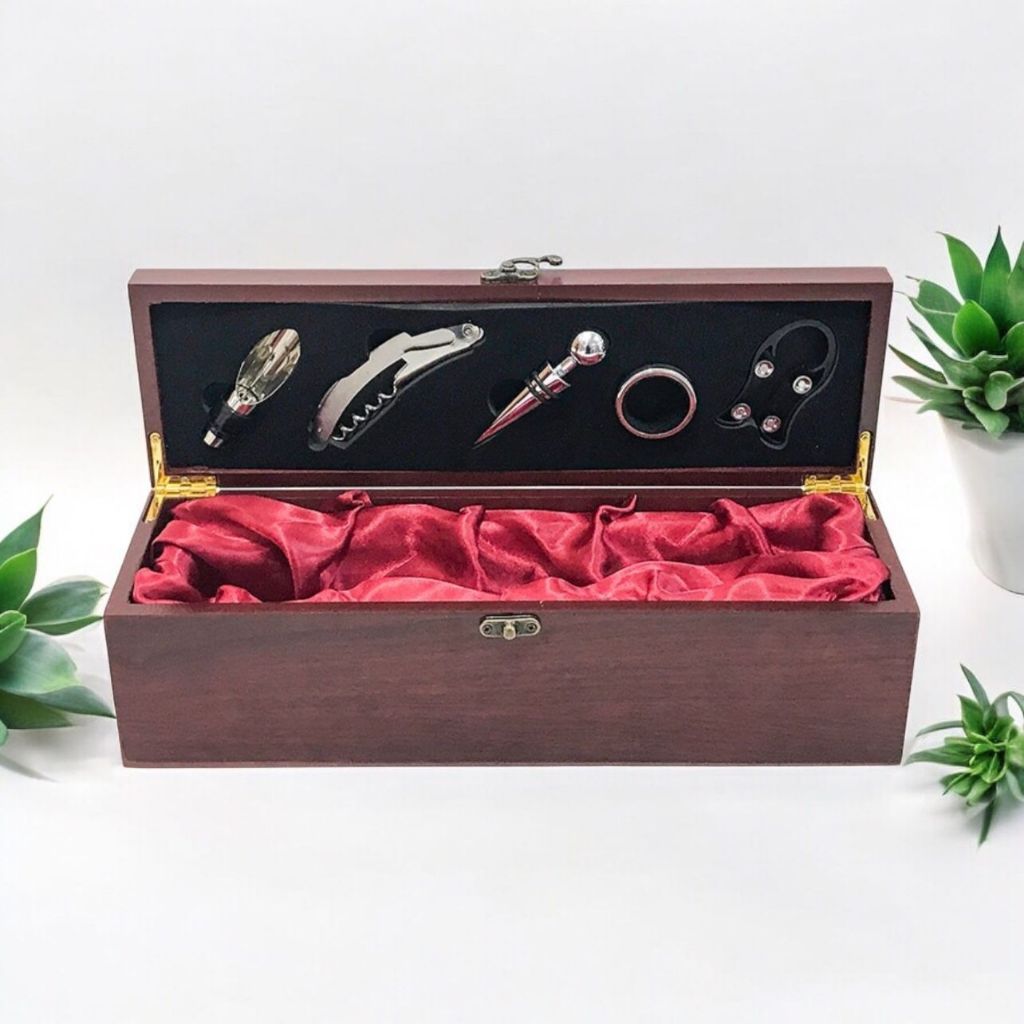 Kit Porta Vinho 5 Acessórios Metal E Caixa De Madeira Luxo Para 1 Vinho