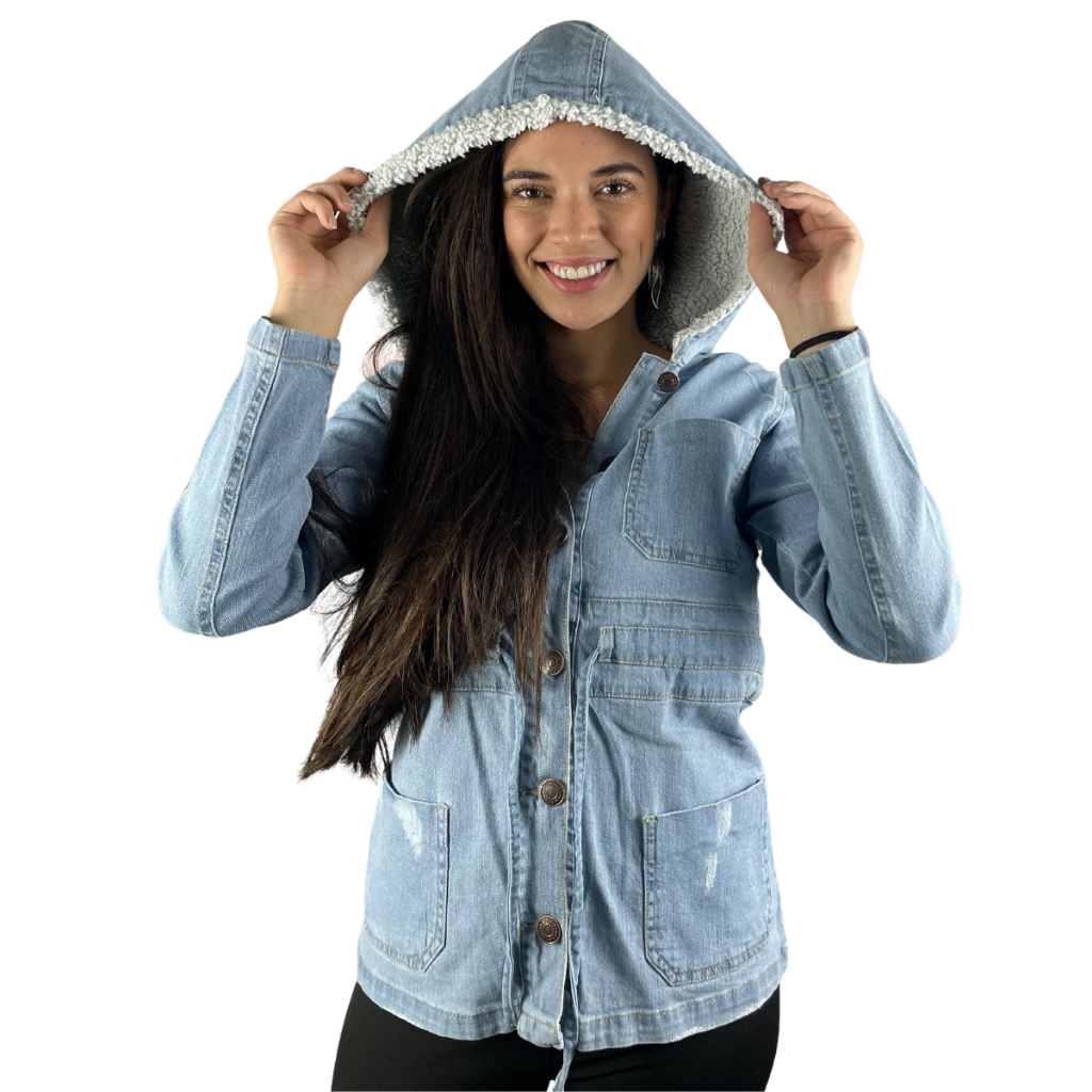 Lindo Casaquinho Jeans Com Touca C/ Pelinhos 4 Bolsos