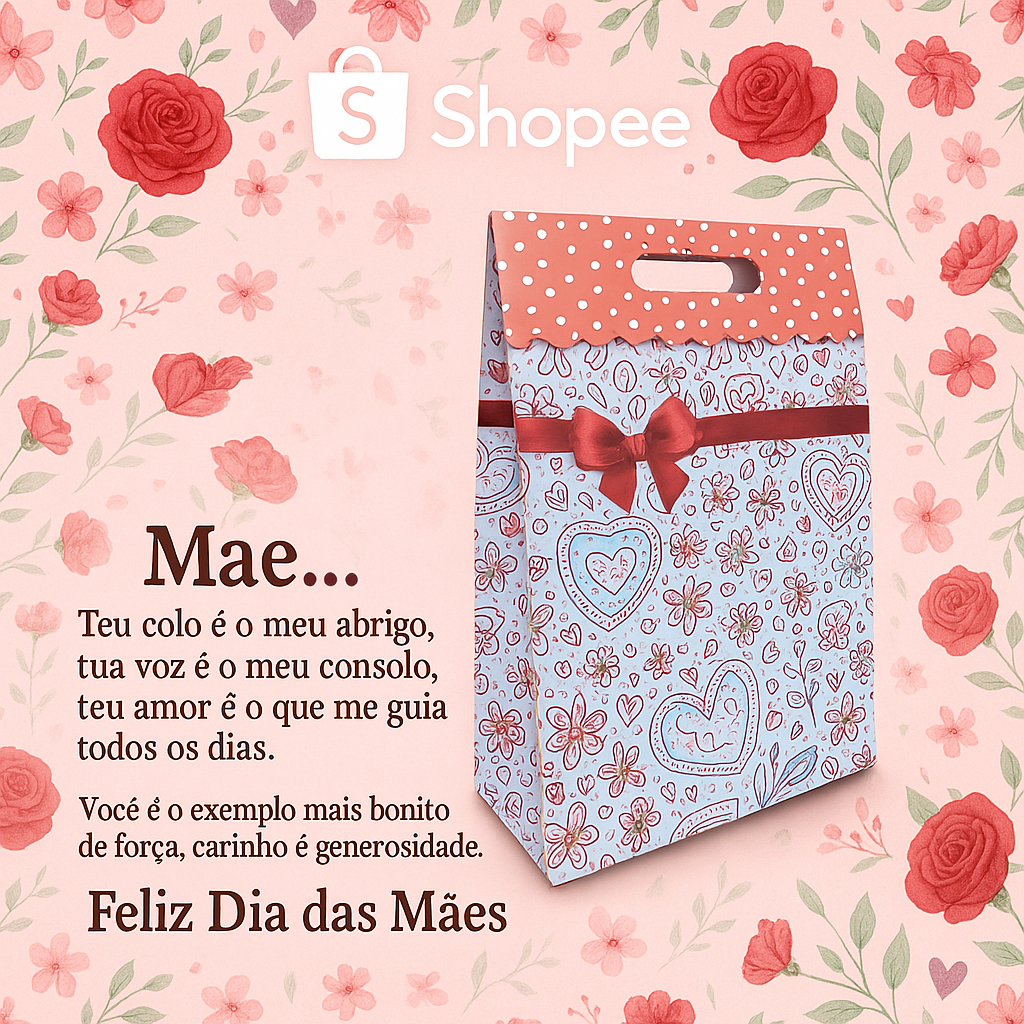 Sacola de Presente Personalizada | 4 Estampas (Coração, Infantil, Pavão, Flores) | Pacote 5/10 Unid. - R$ 3,50 Cada