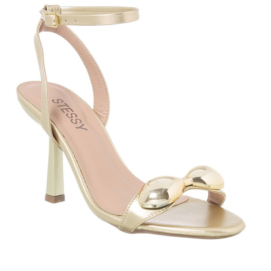 Sandália Feminina Stessy Salto Alto Enfeite Laço Metalizado Chic Tendência Original Confortável em Oferta na Shopee