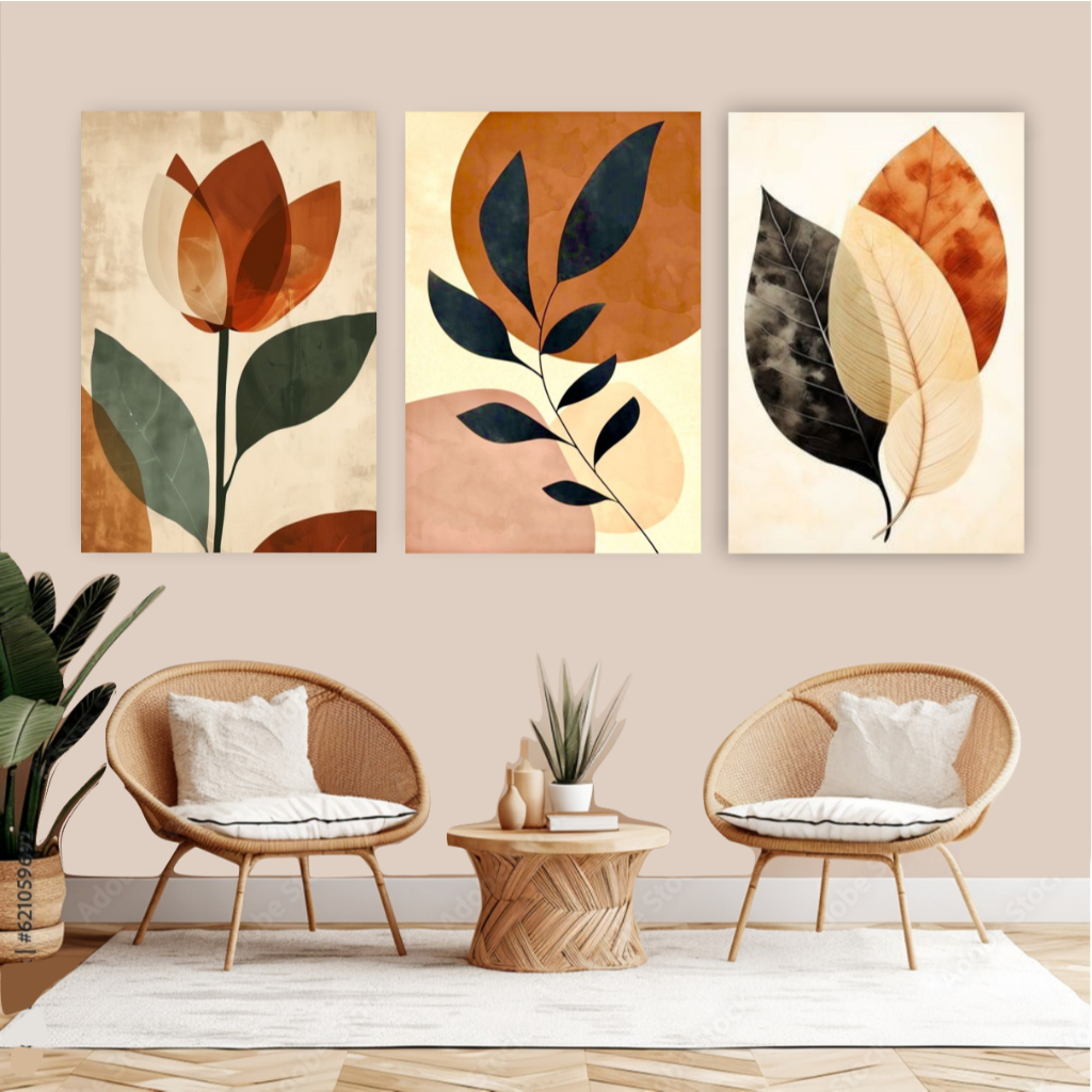 Quadro decorativo 3 peças terracota flores tons terrosos abstrato para sala quarto loja studio