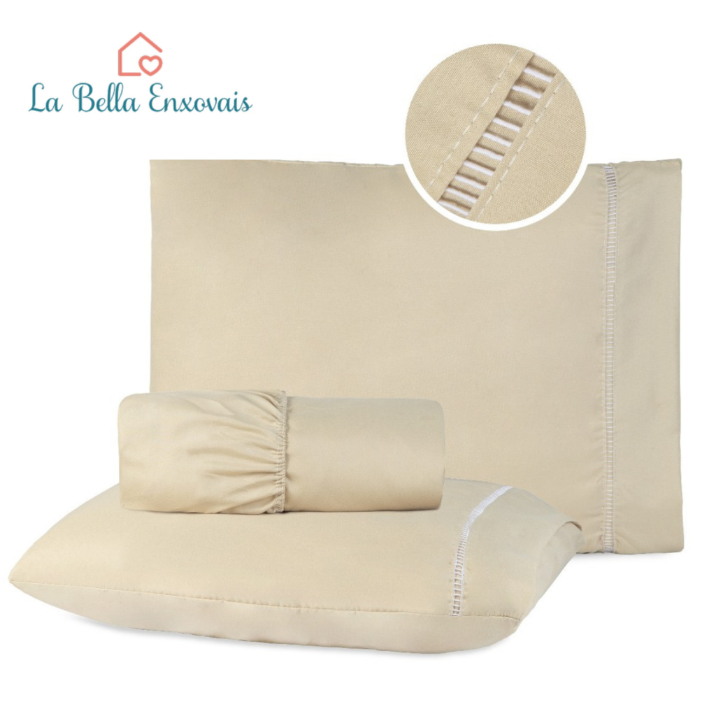 Kit Jogo de Lençol Cama Solteiro Micropercal 400 Fios com Detalhe em Ponto Palito nas Fronhas