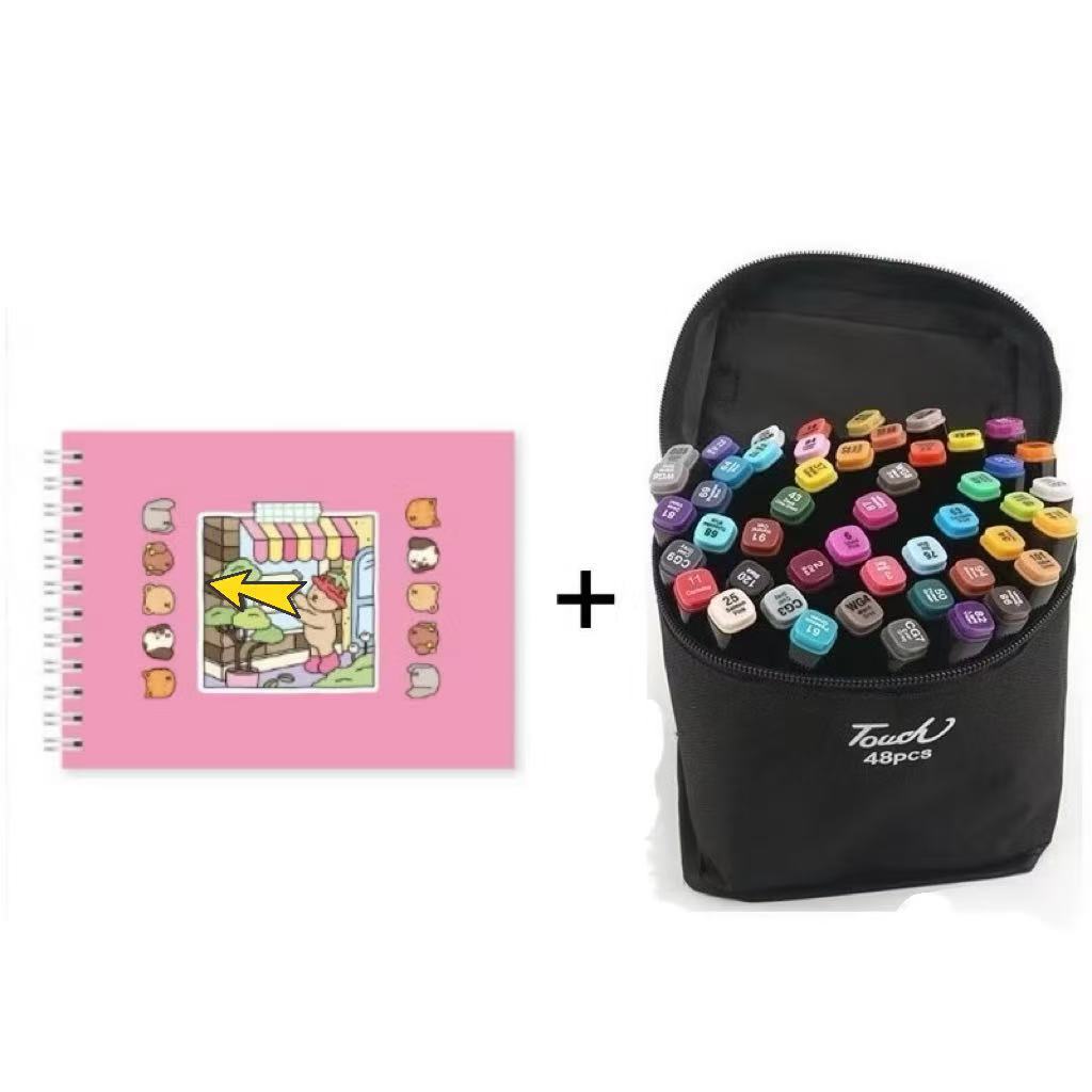 Kit Canetinhas Ponta Dupla Marca Texto +24/36/48/60/80 Livro De Colorir  Capa Dura 50 Pági...