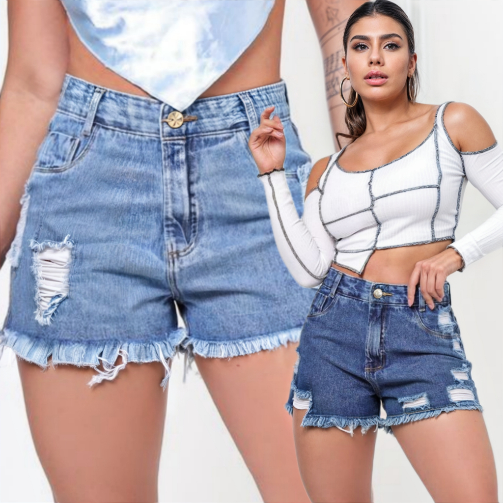 Short Feminino Jeans Cintura Alta 100% Algodão Short Levanta e Empina Bumbum