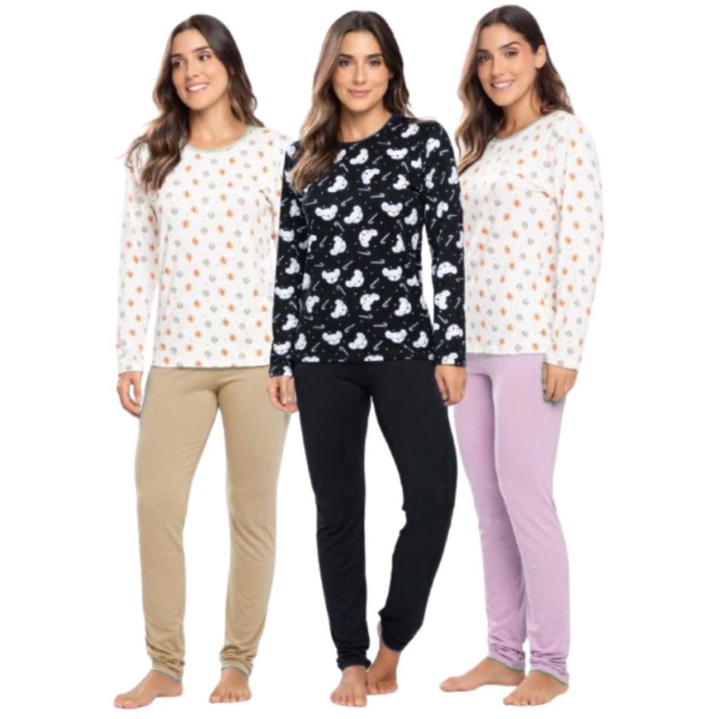 Kit com 3 Pijamas Femininos Manga Longa de Inverno Confortável Estampado Conjunto Feminino