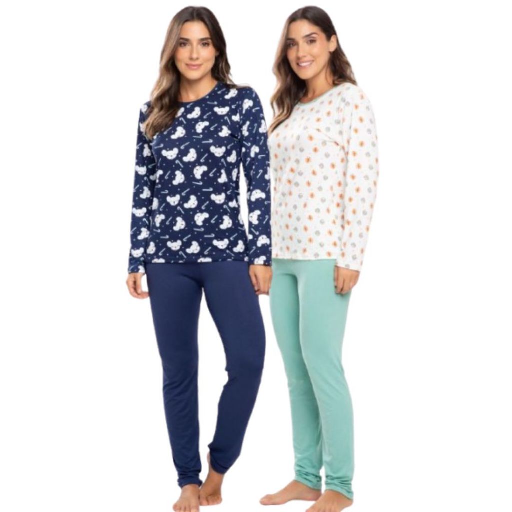 Kit com 2 Pijamas Femininos de Inverno Manga Longa Conjunto Feminino Confortável Estampado