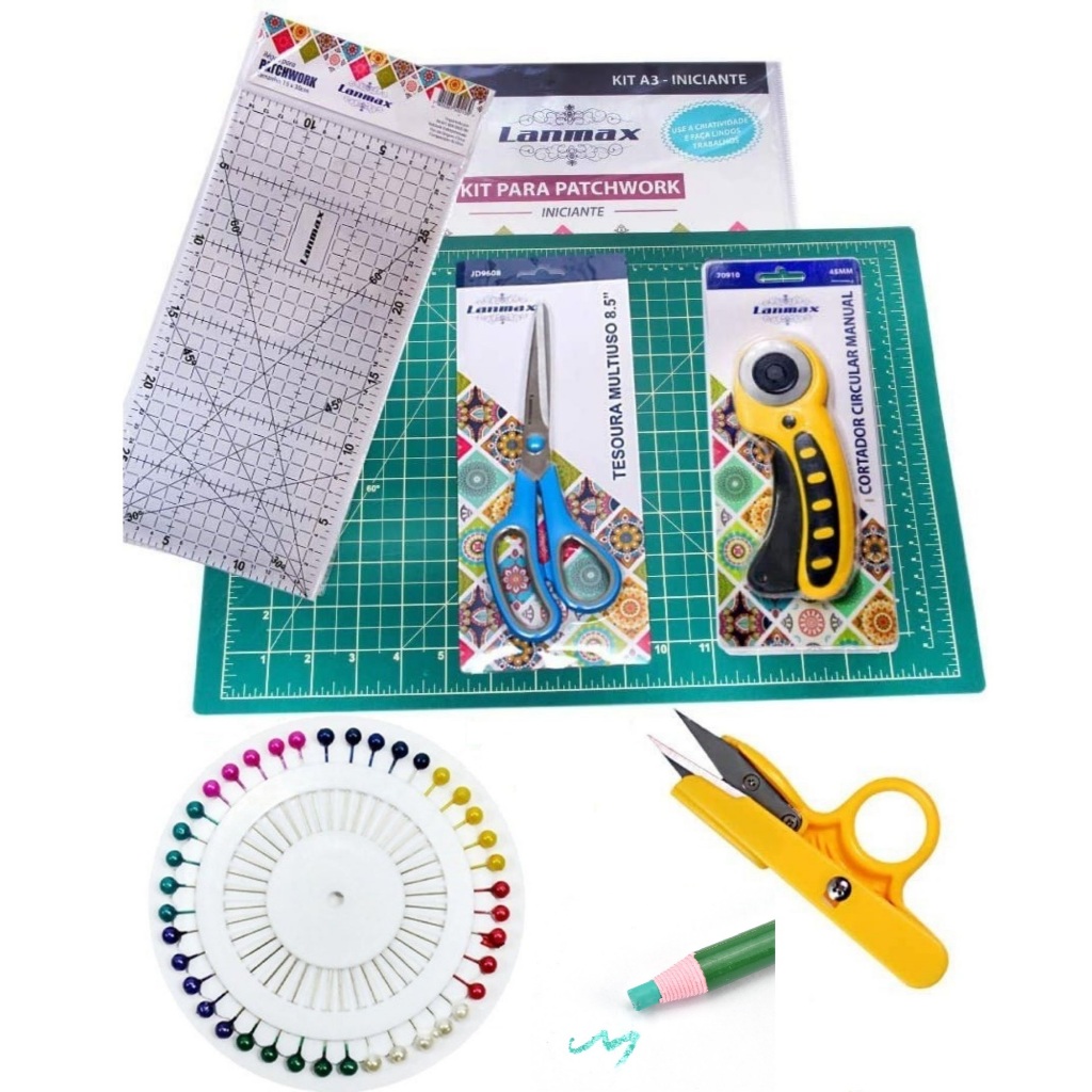 Kit Iniciante Patchwork Lanmax - Base de Corte 30x45cm com Acessórios Ideal para Patchwork Scrapbook