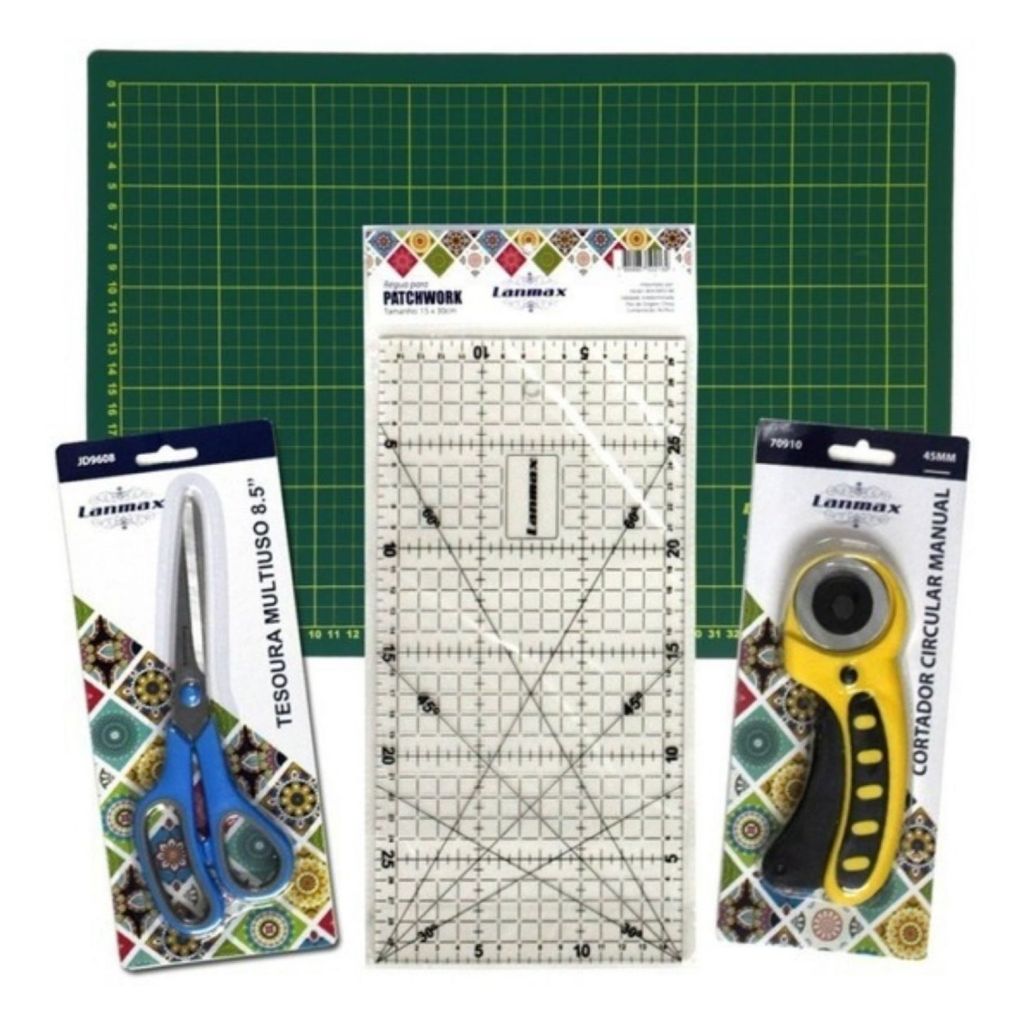 Kit Iniciante Patchwork - Base De Corte A3 + Régua + Cortador + Tesoura Patchwork Ideal Patchwork