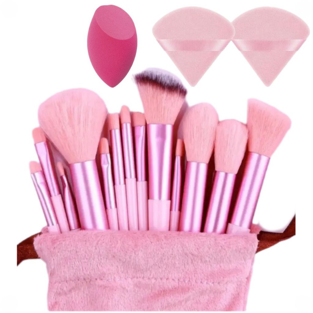 Kit 13 Pinceis de Maquiagem Dia a Dia Bolsa, 2 esponjas para aplicação de pó e 1 esponja de maquiagem para base