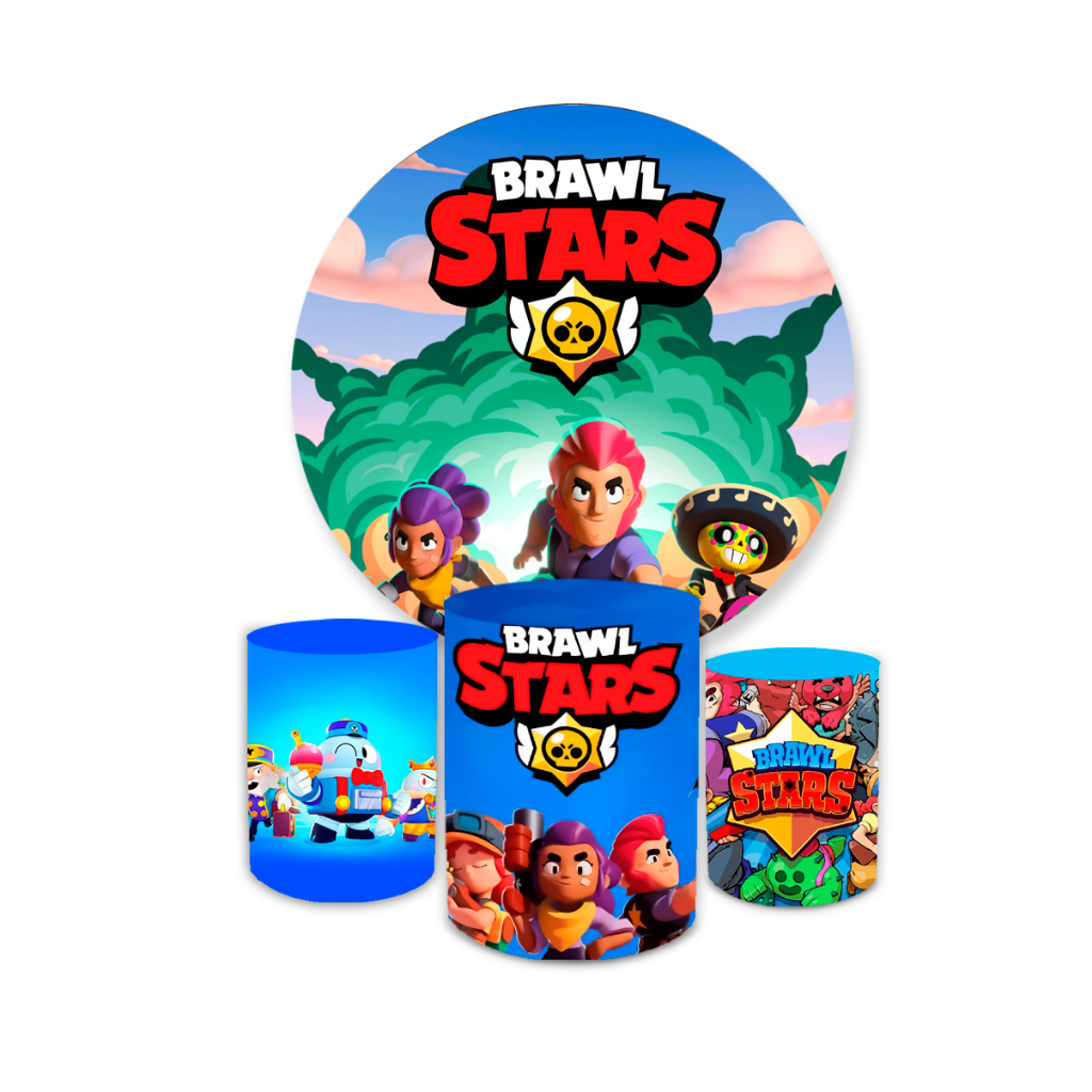 Kit Festa Decoração Painel Redondo + Trio Capa Cilindros Tema Brwl St@rs em Oferta na Shopee