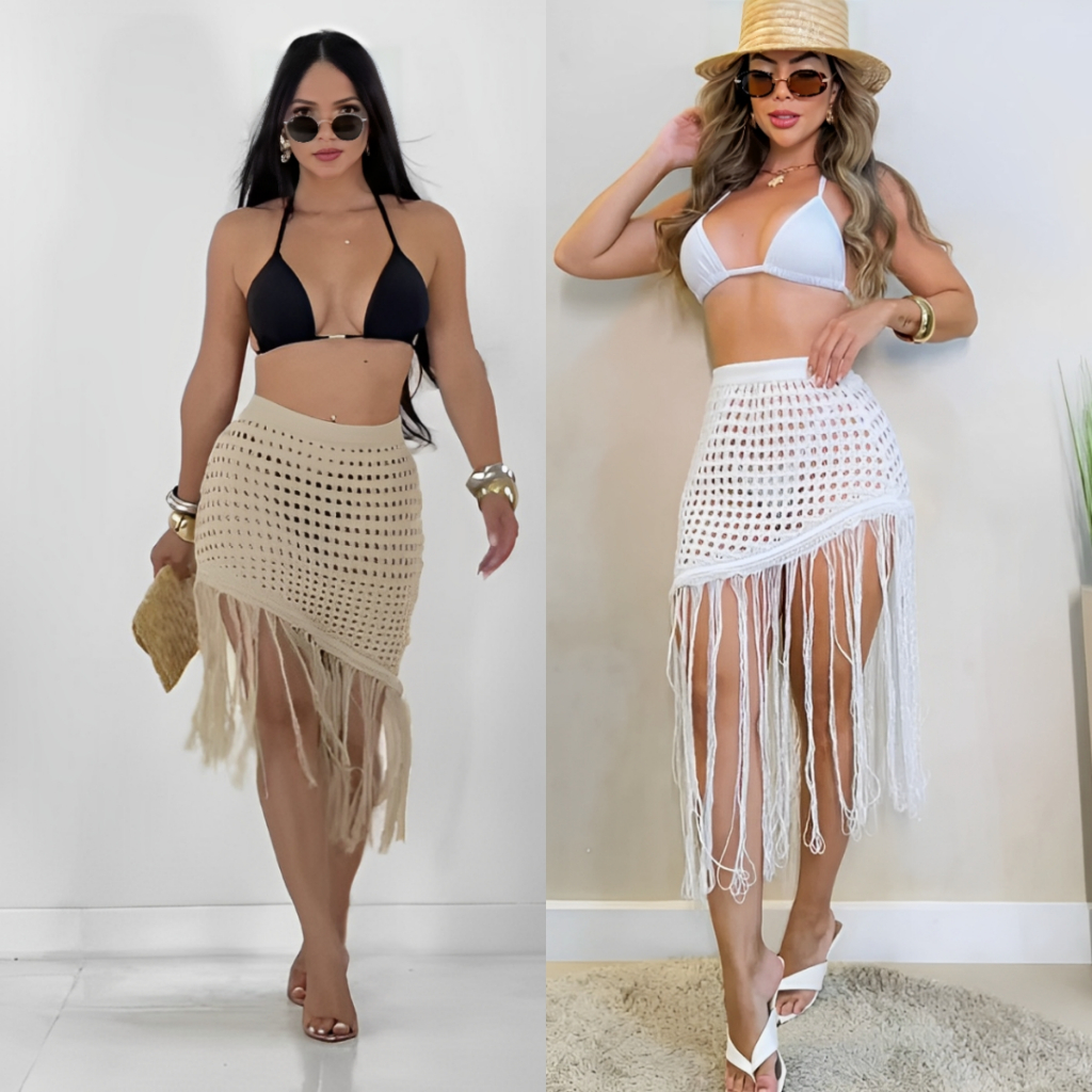 Saia de Praia Saida de Praia Piscina franjao Moda Praia Tricot Crochê em Oferta na Shopee