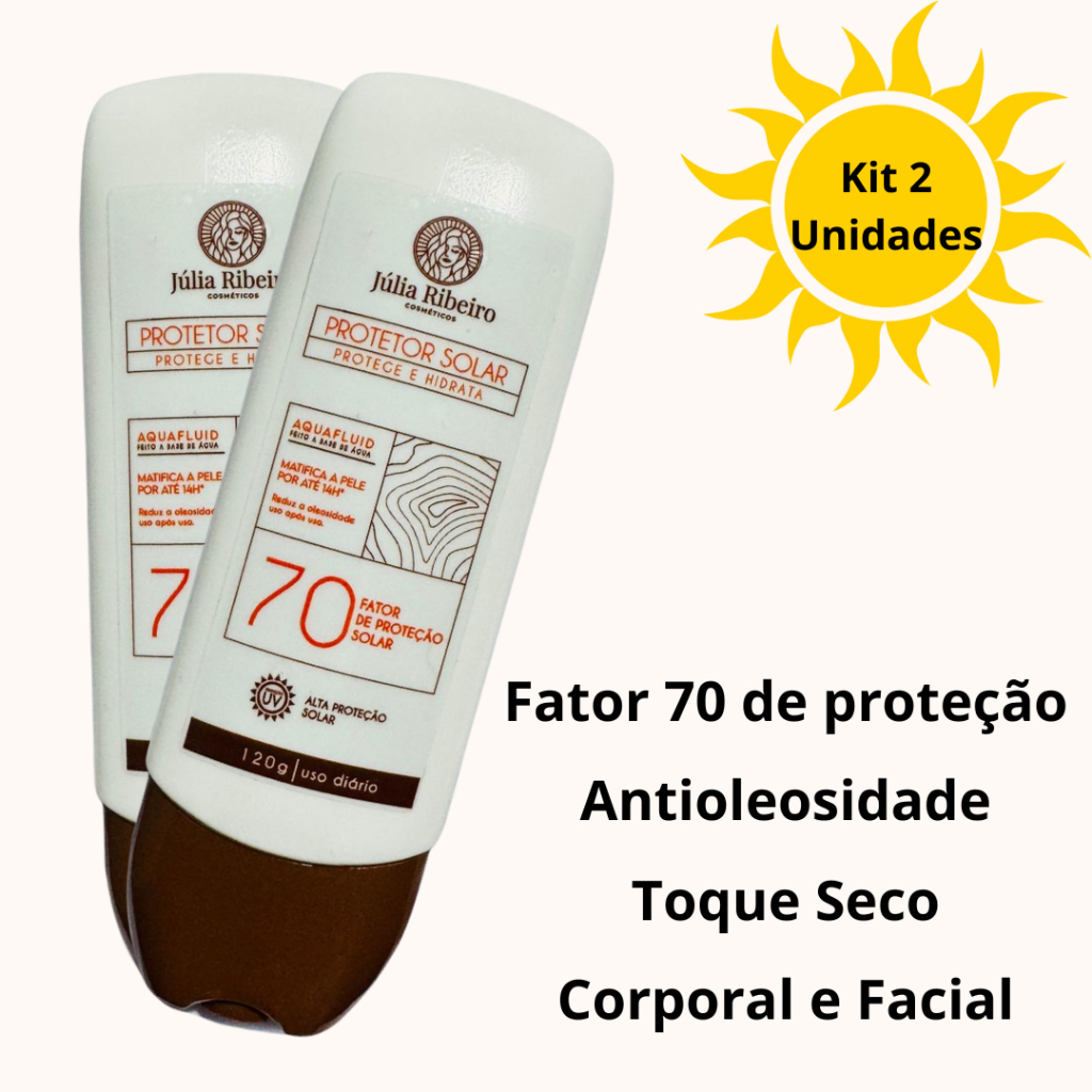 KIT PROTETOR SOLAR 2 UNIDADES FATOR 70, PARA ROSTO E CORPO, TOQUE SECO, ANTISSINAIS - 120ml