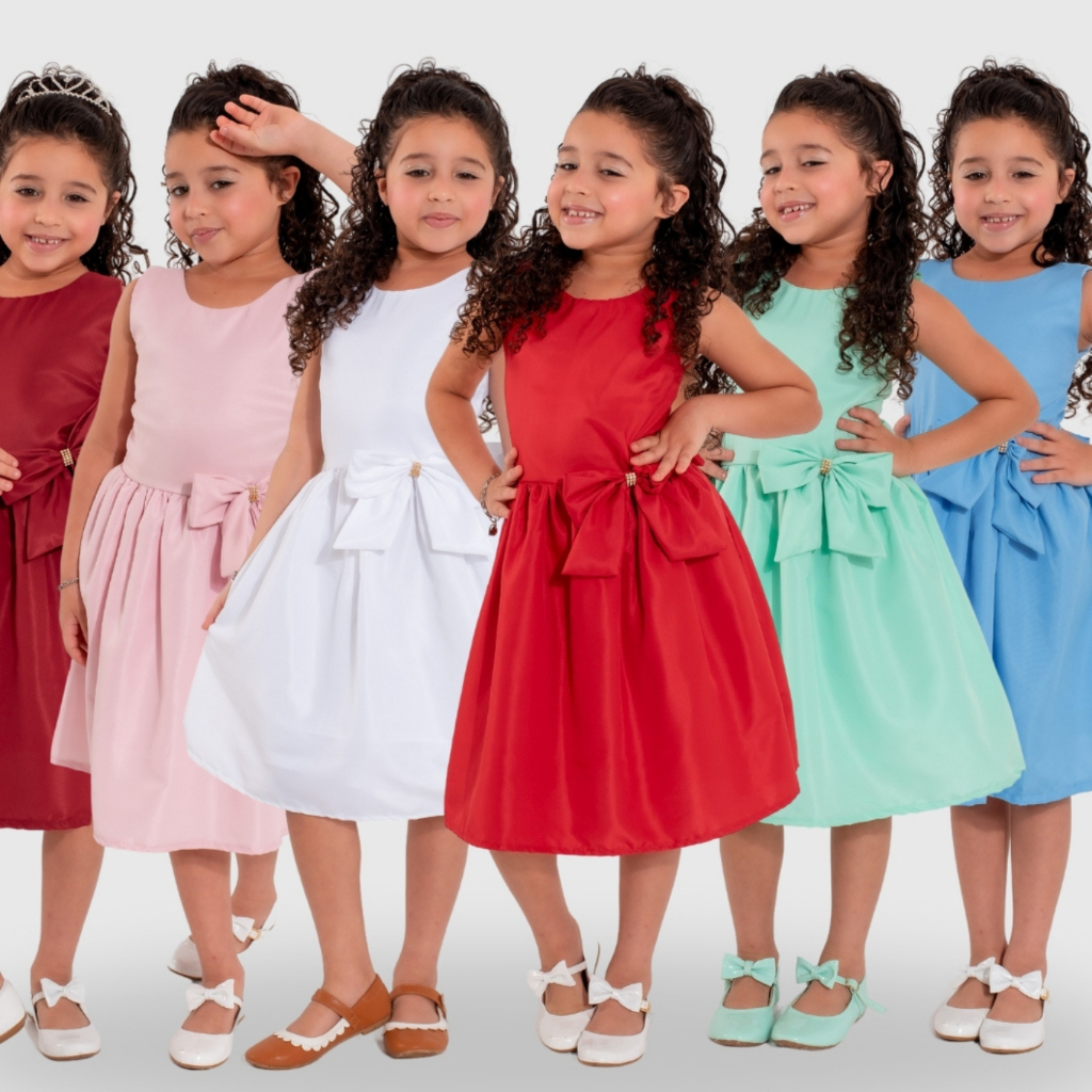 vestido infantil menina cores lisas modelo social básico festa casual rosa verde amarelo vermelho branco azul lilás em Oferta na Shopee