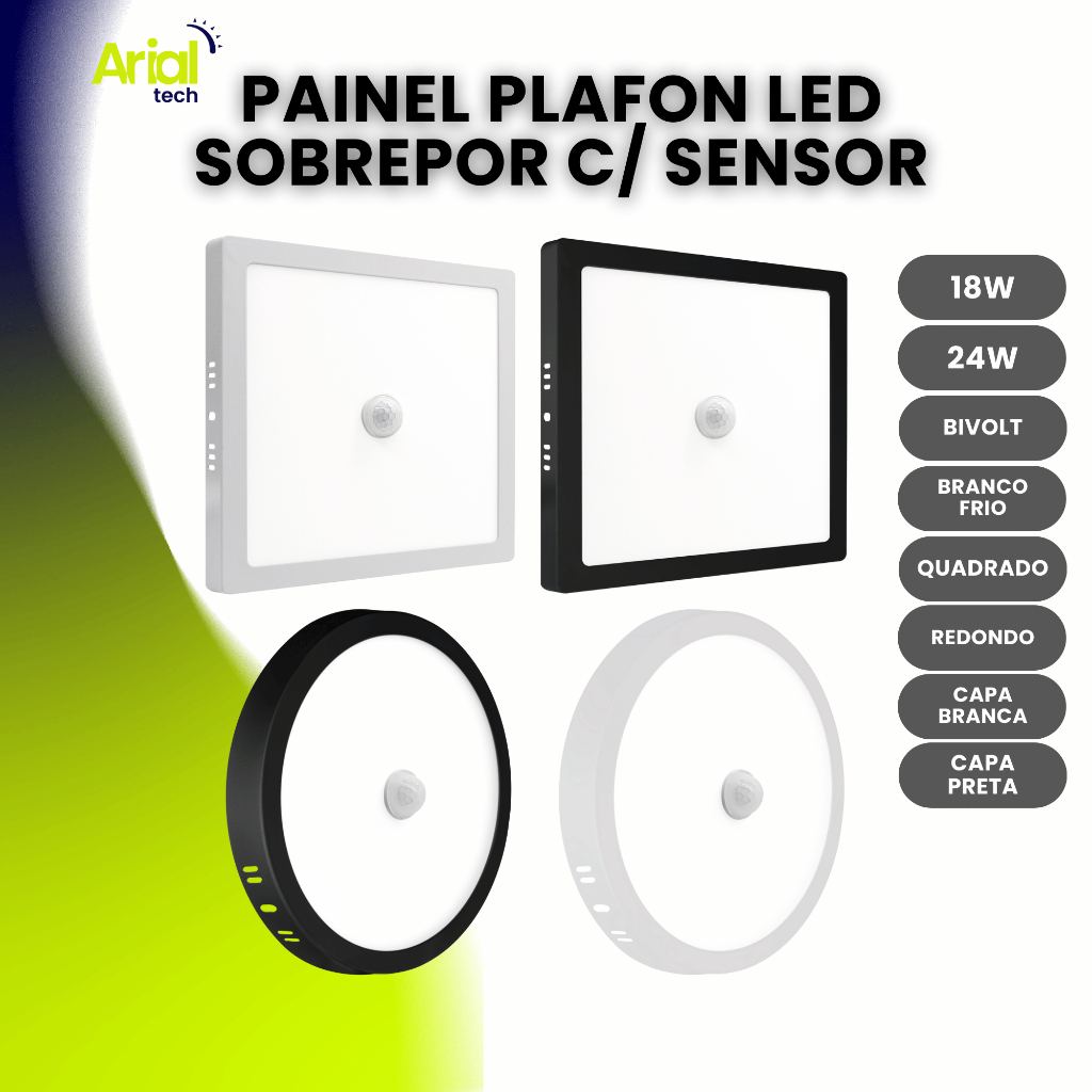 Painel Plafon Sobrepor 18w/24w Led Com Sensor Redondo/Quadrado Capa Branca ou Preta Luz Frio Bivolt