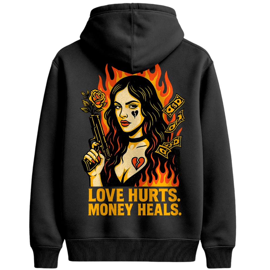 Moletom Canguru Casaco Blusa De Frio StreetWear Love Hurts Money Heals Woman Gangsta
