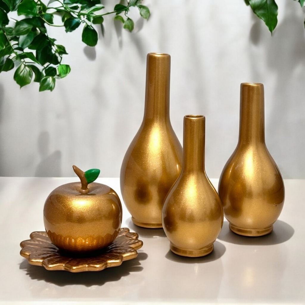Enfeite Trio de Vasos e Maça Cerâmica Decoração para Sala Mesa Fruteira Casa Cozinha Mesa Posta Rack