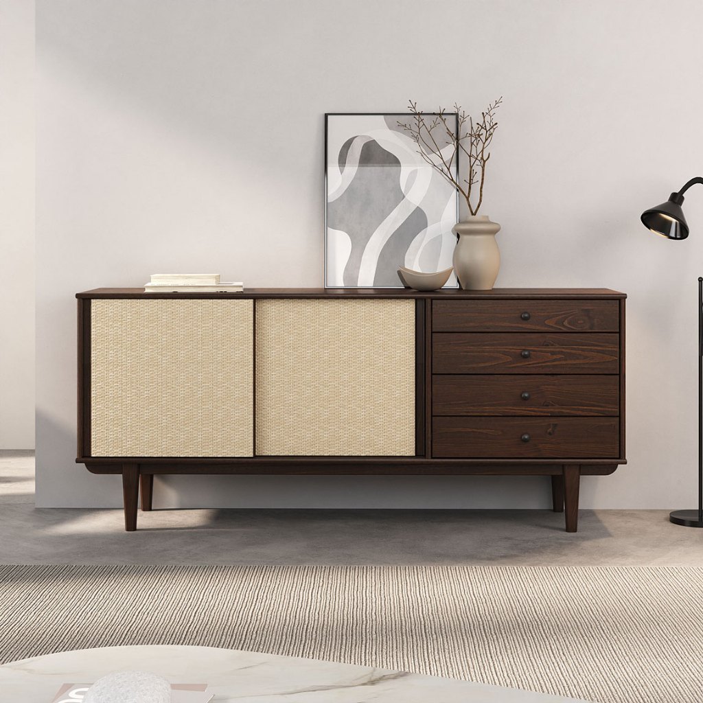 Balcão Aparador Telinha Rattan Buffet 2 Portas 4Gav Madeira Cor Imbuia Simona em Oferta na Shopee