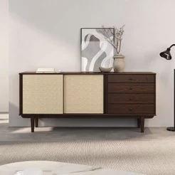 Balcão Aparador Telinha Rattan Buffet 2 Portas 4Gav Madeira Cor Imbuia Simona