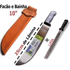 Facão Mato 10 Polegadas Tramontina Aço Carbono + Bainha em couro + lima para amolar