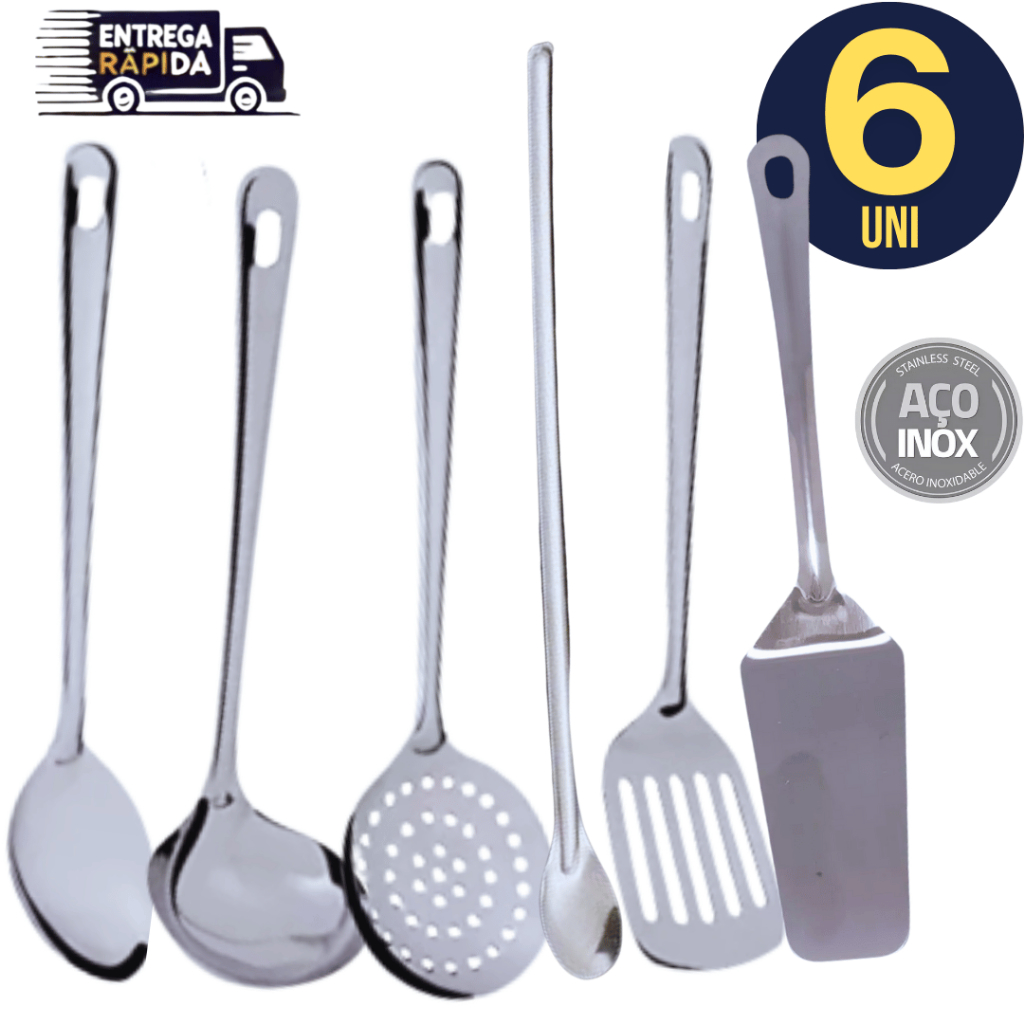Combo 6 Utensílios em Inox Concha Espátula Escumadeira Colher Arroz Espatula Vazada Cozinha Colher Para Suco