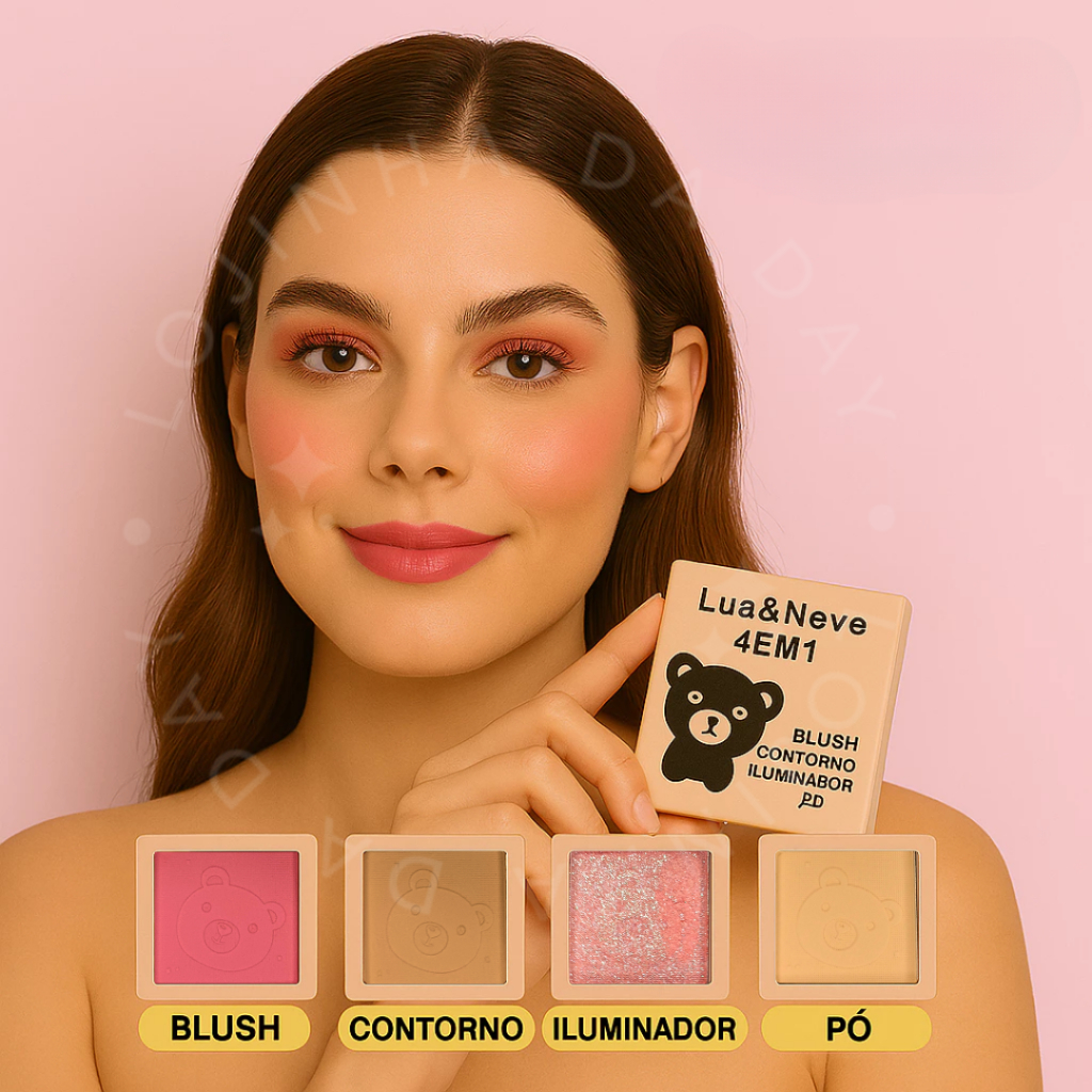 Mini Paleta Maquiagem Kit Quarteto 4 em 1 Blush, Contorno, Iluminador e pó - Lua a Neve