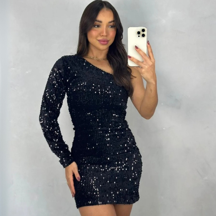 Vestido Festa Curto Tubinho um Ombro só em Paetê Feminino Forrado Balada Mula Manga Brilho Gringa em Oferta na Shopee