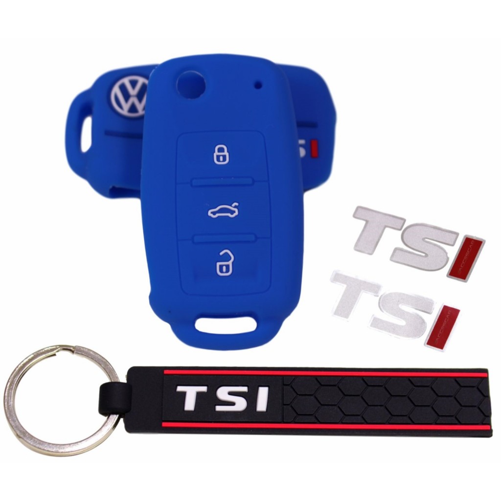 Kit Capa Silicone Azul Chave VW TSI 3 Botões Jetta Golf Up + Chaveiro TSI + Par Adesivos TSI