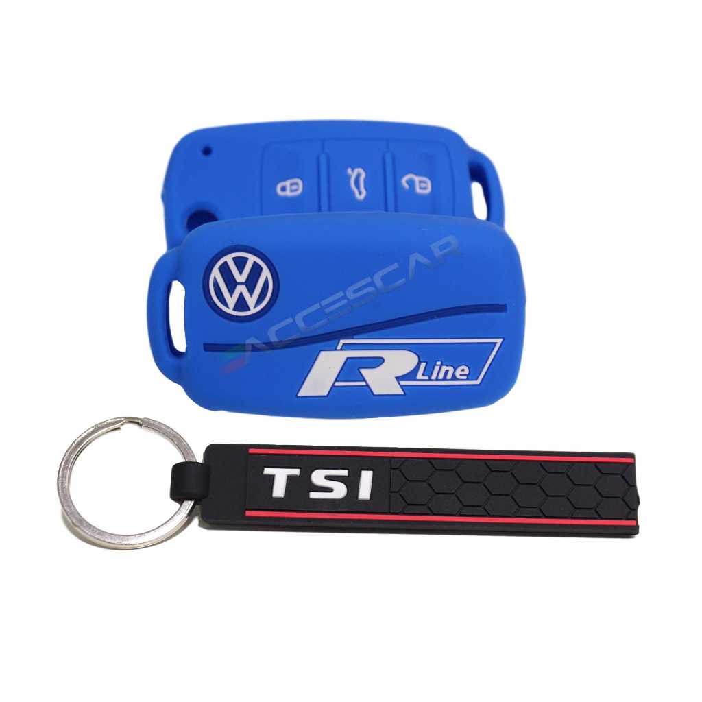 Kit Capa de Silicone para Chave Canivete VW Rline 3 Botões Azul Jetta Tiguan Up Fox  + Chaveiro TSI