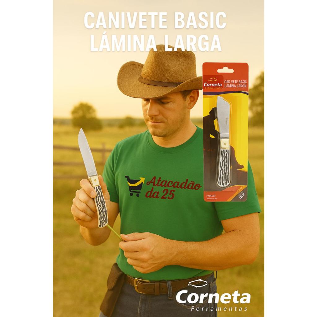 Canivete com Bainha de Bolso Aço Inox Corneta - Lâmina Larga Pica Fumo Pesca Camping