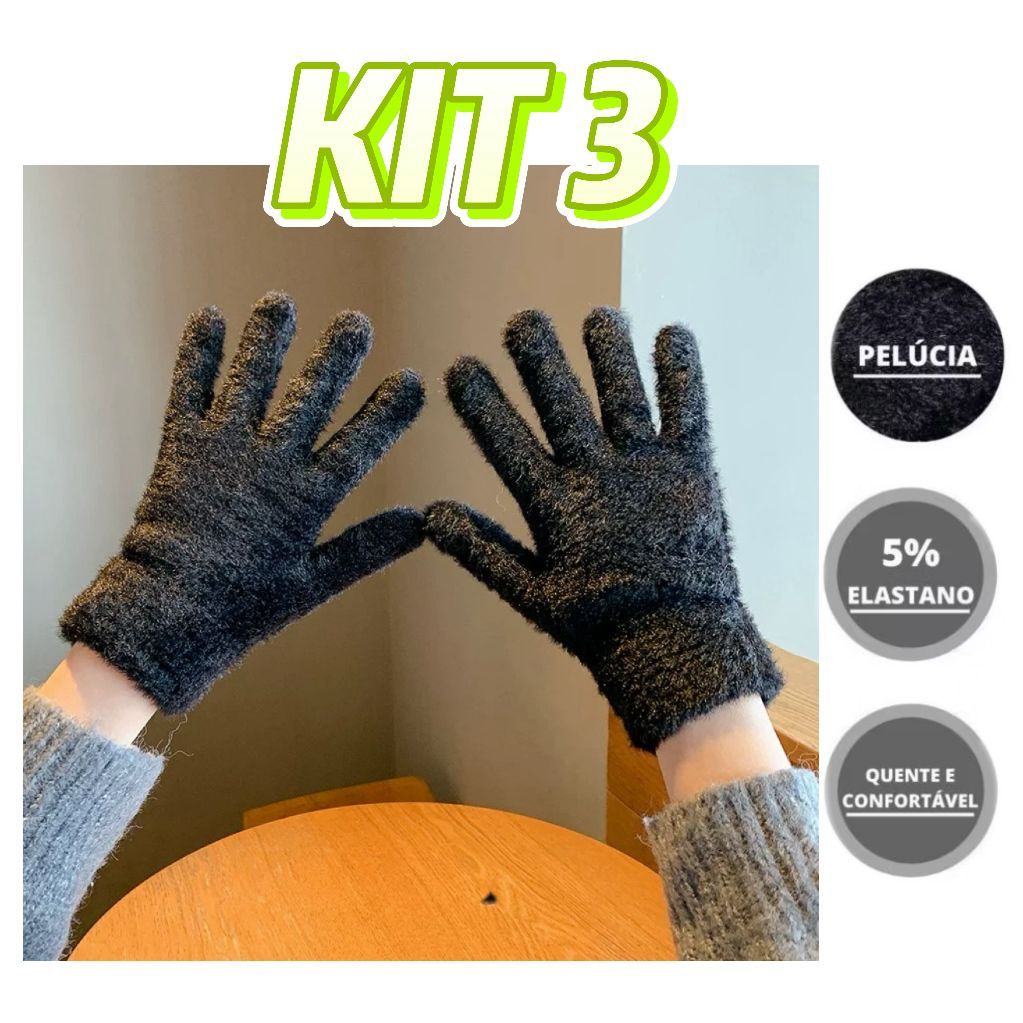 Kit 3 Pares Luva Adulto Lisa Unissex Felpuda Outono Inverno Quentinha