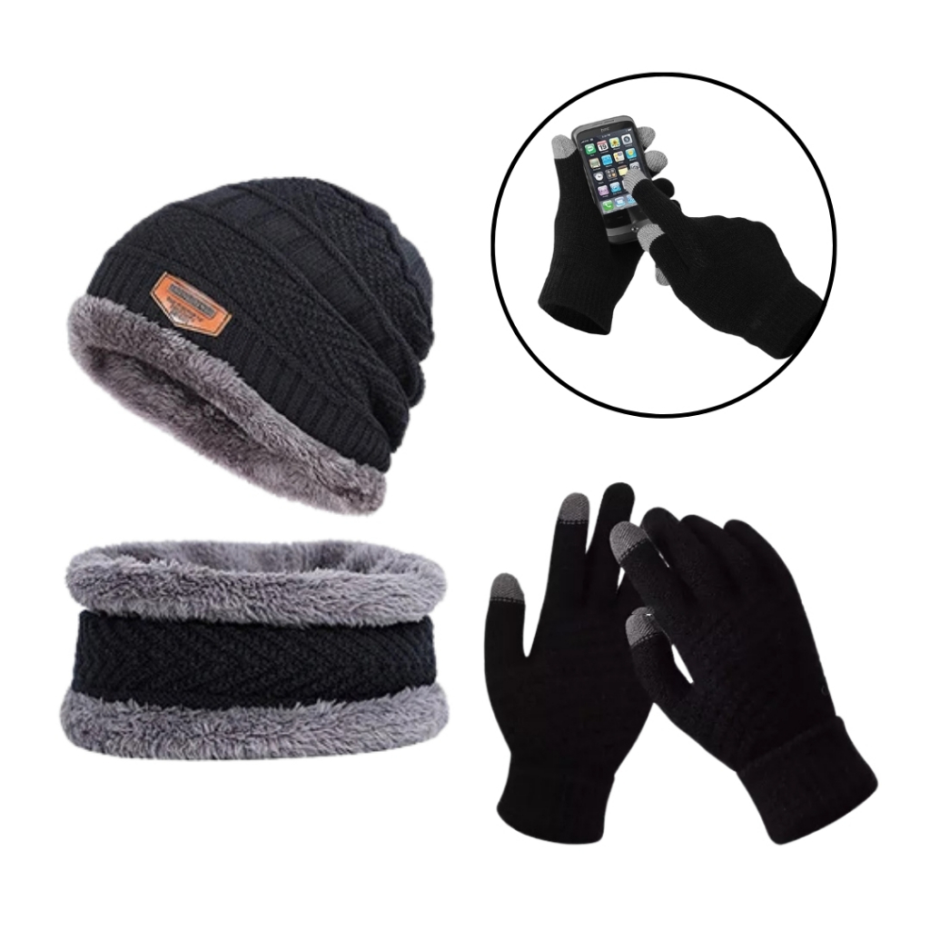 Kit Inverno Touca Forrada Veludo + Gola Forrada Veludo  + Luva Touch Frio Lã Quentinha Unissex