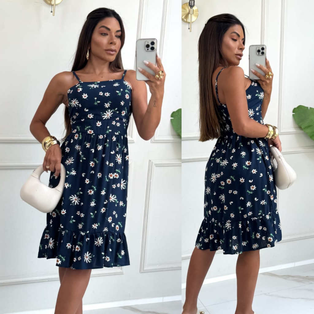 Vestido Feminino Curto Estampado Viscolinho Com Bojo Alcinha Babado Soltinho Casual Azul Marinho