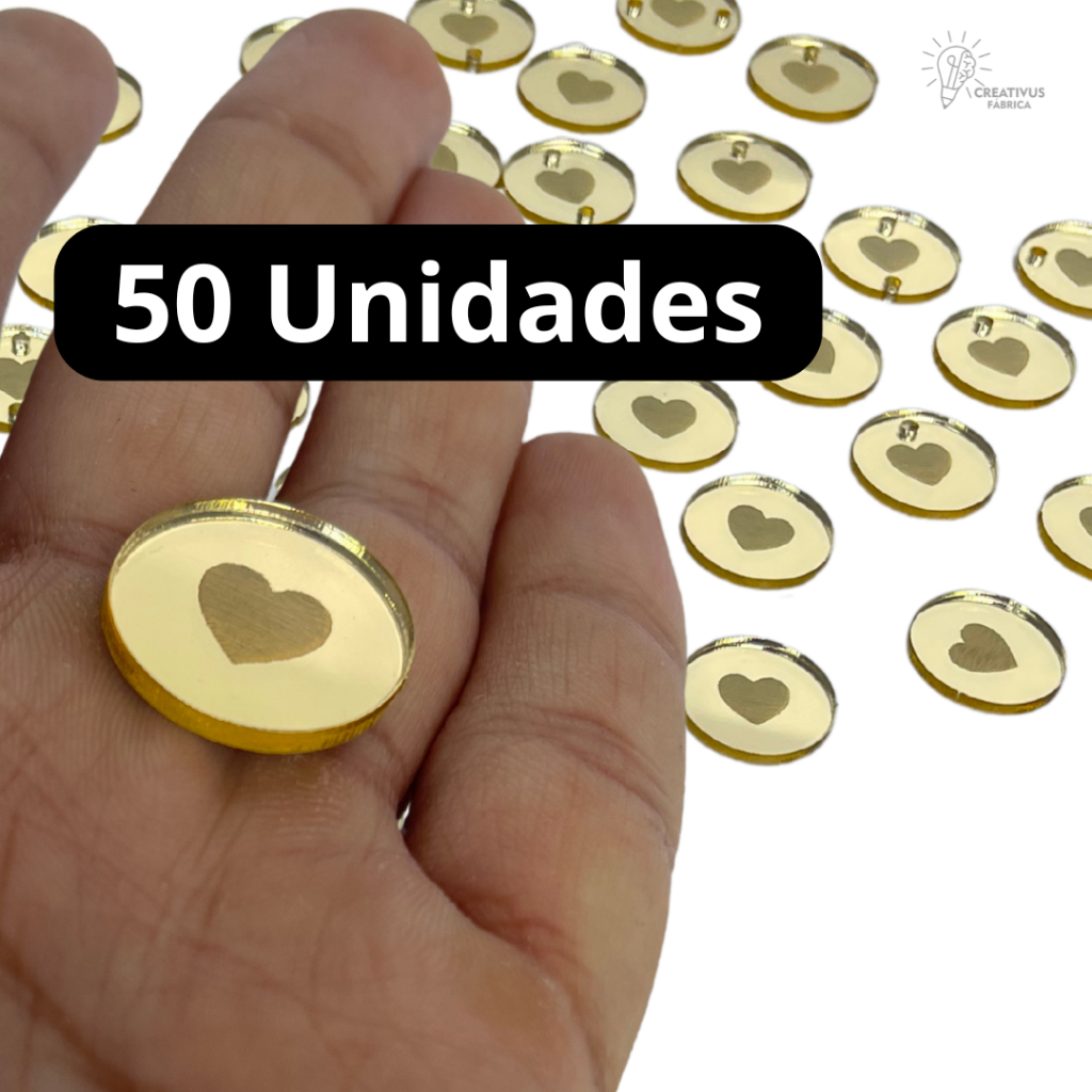 Kit 50 Tag 2Cm REDONDO com CORAÇÃO GRAVADO Acrílico Dourado Disco Bolha Circulo ou Nome Inicial