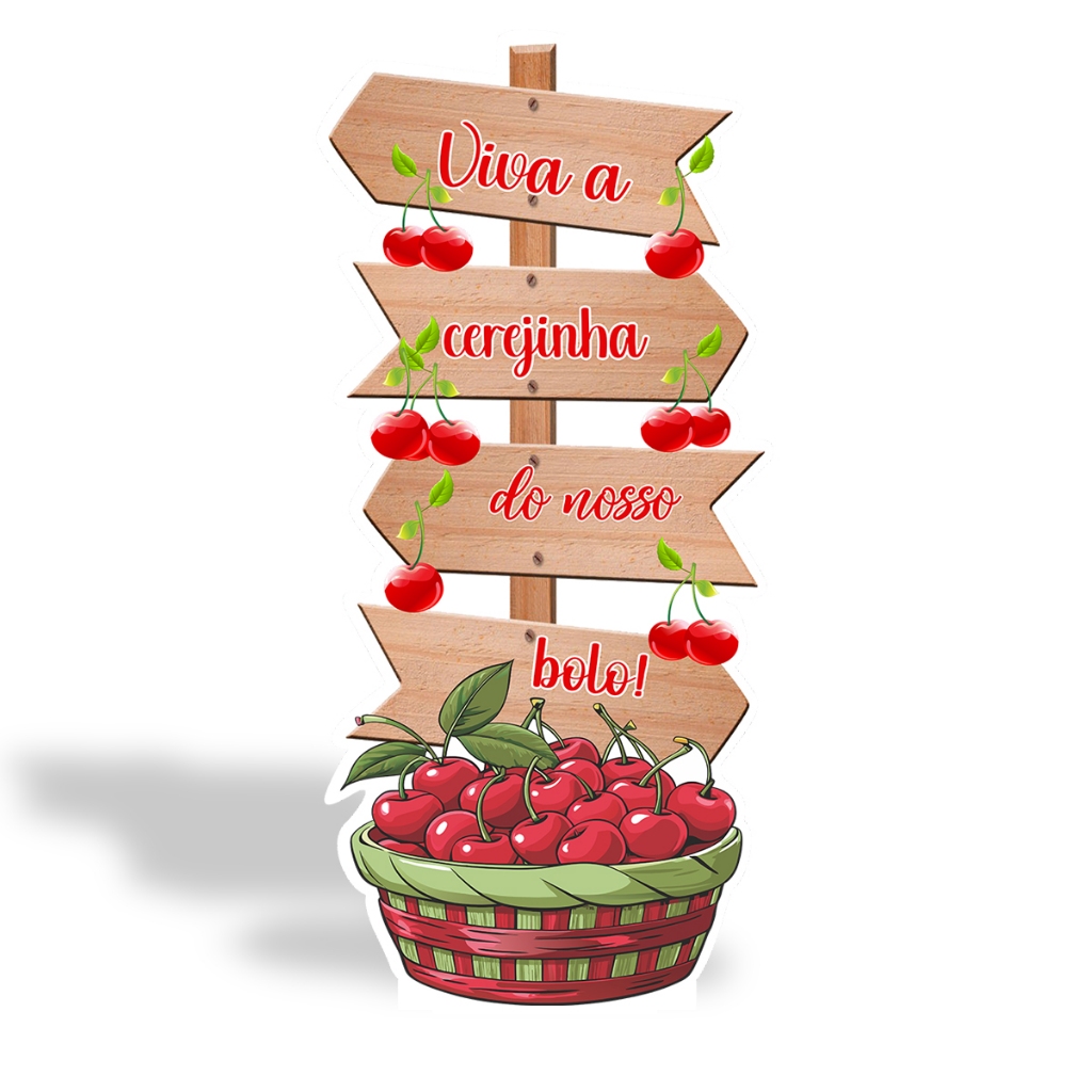 Totem Placa Display MDF Adesivado Pézinho Cerejinha Cereja Setas Placa 65cm