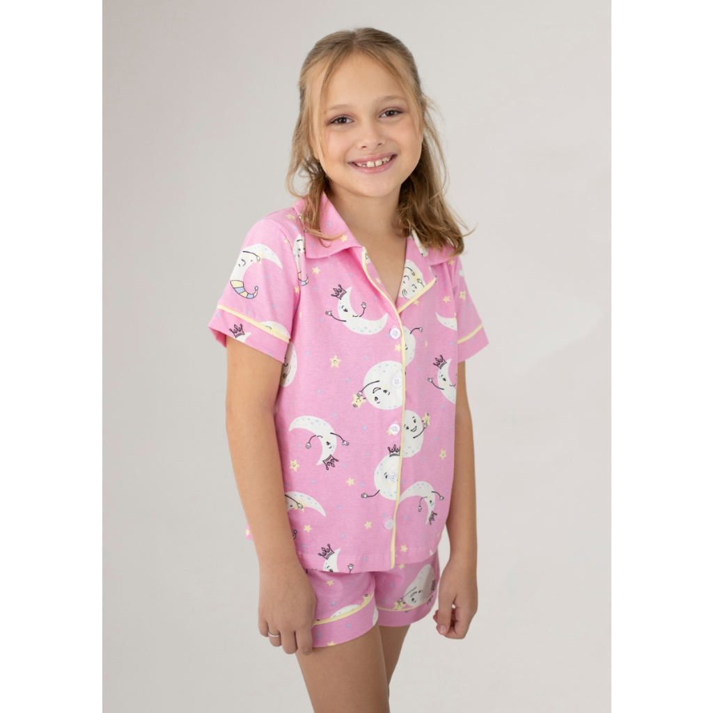 Pijama Americano Infantil Manga Curta Algodão - Lua Rosa