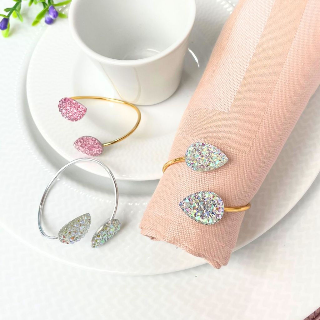 Kit 6 ou 12 Anel Porta Guardanapo Jantar Mesa Posta Gota Cristal Rosa