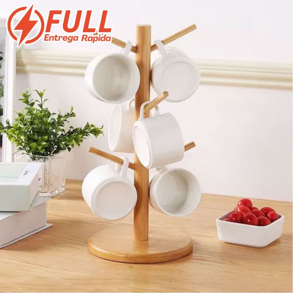 Suporte Para Caneca Xicara 6 Ganchos Madeira Bambu Decoração