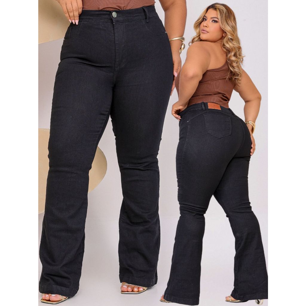 Calça Jeans Flare Plus Size Modeladora Cintura Alta Com Lycra Empina Bumbum  Boca de Sino Boot Cut