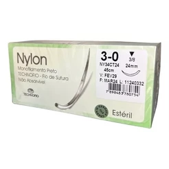 Fio de Sutura Agulhado 3/8 24mm Nylon Monofilamento Preto 3.0