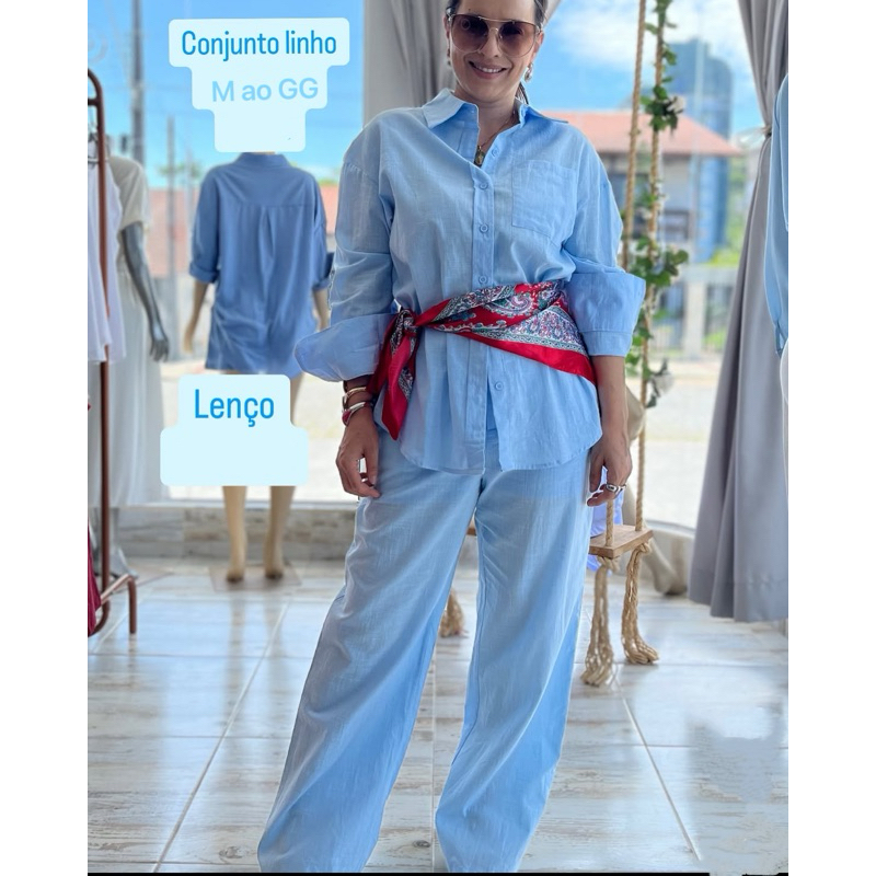 conjunto casual elegante linho camisa com bolso e pantalona cintura elástico Cód 922