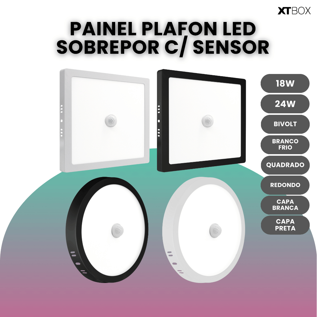 Painel Plafon Sobrepor Led Com Sensor 18w/24w Capa Branca ou Preta Redondo/Quadrado Luz Frio Bivolt