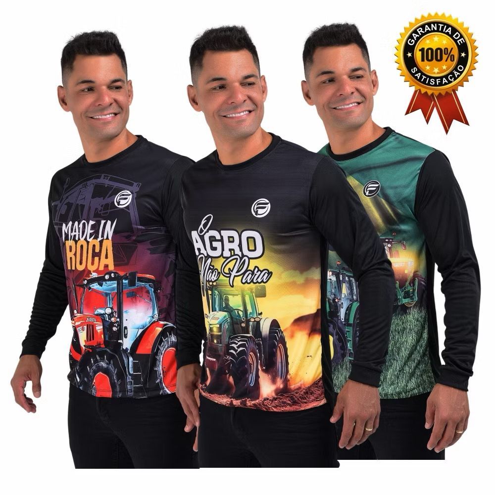 Camiseta Camisa Agro Masculina com Gola Blusa Manga Longa Brasil Proteção UV50+ DryFit