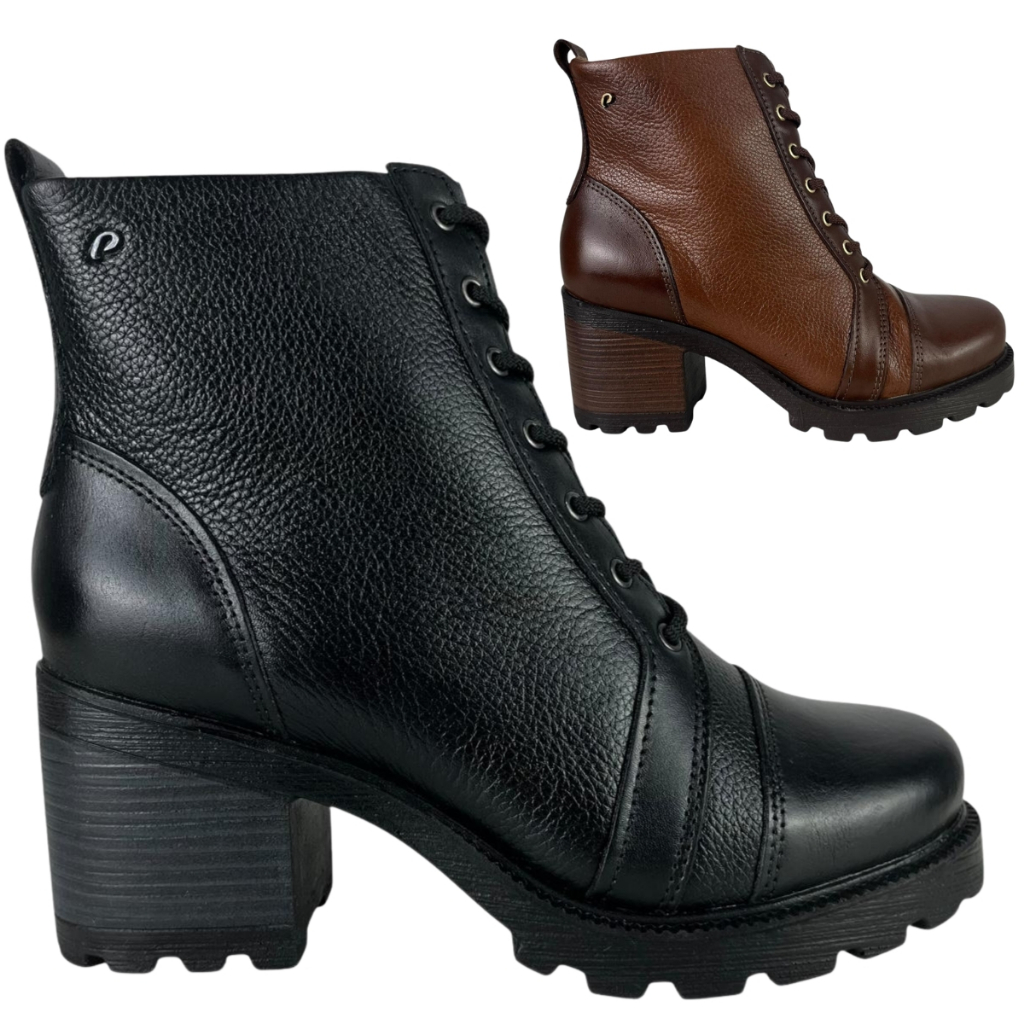 Bota Coturno Feminina Pegada Forrada Salto Bloco em Couro