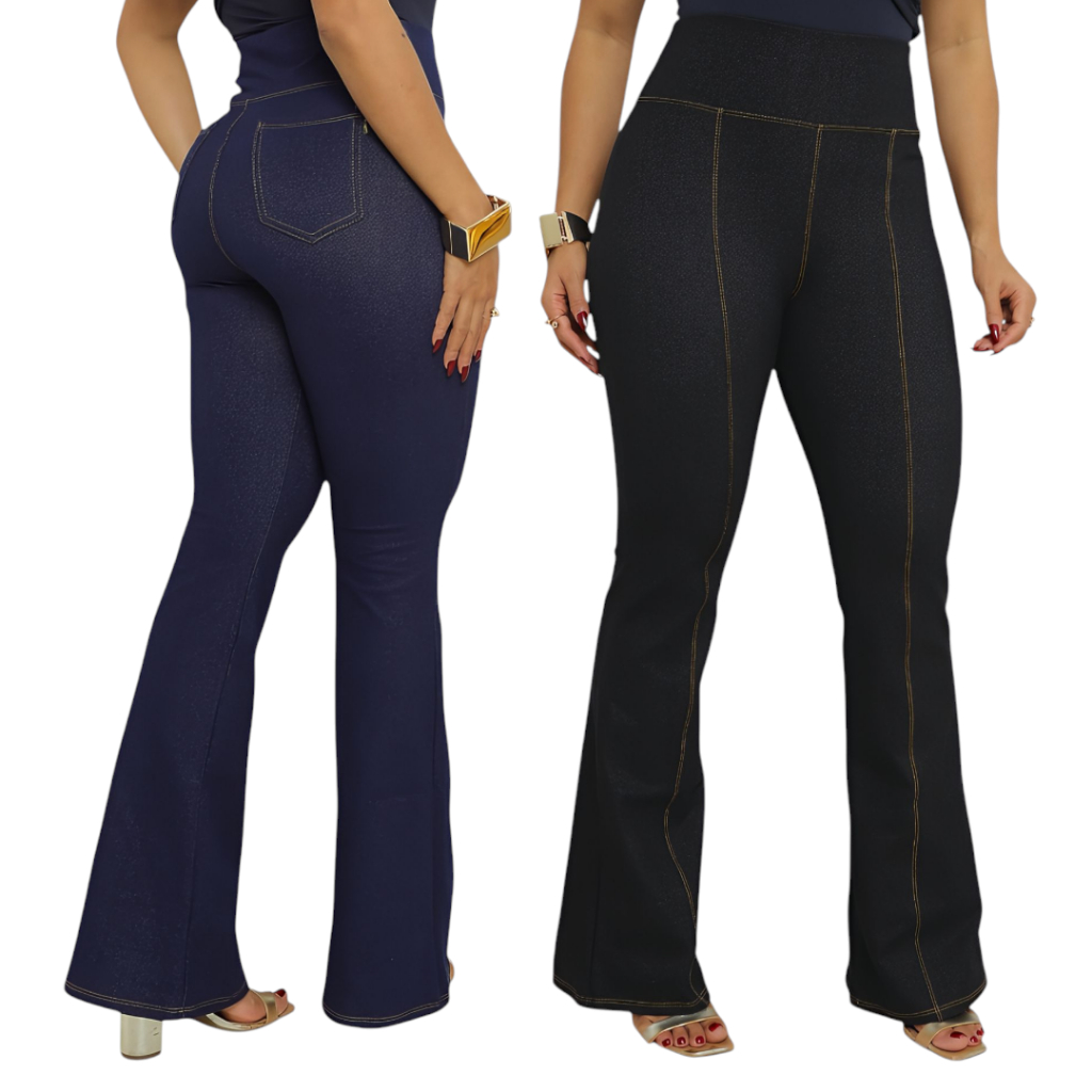 Calça Flare Feminina Cotton Jeans Fake Cos Alto Cintura Alta Boca de Sino Bailarina Bolso em Oferta na Shopee