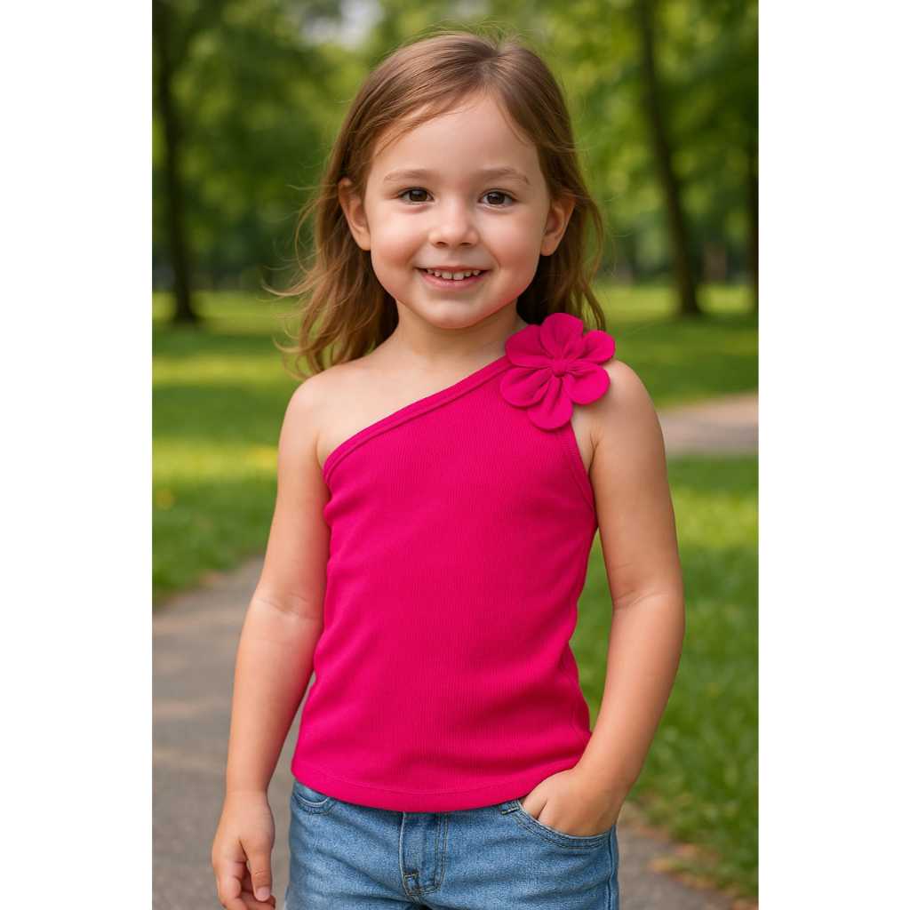 Roupa Infantil Menina Blusa Regata Nula manga Com Flor - 4, 6 e 8 - feito Em Ribana